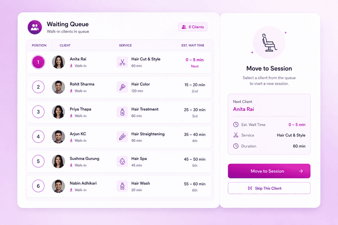 Waiting Queue & Walk-In Management interface